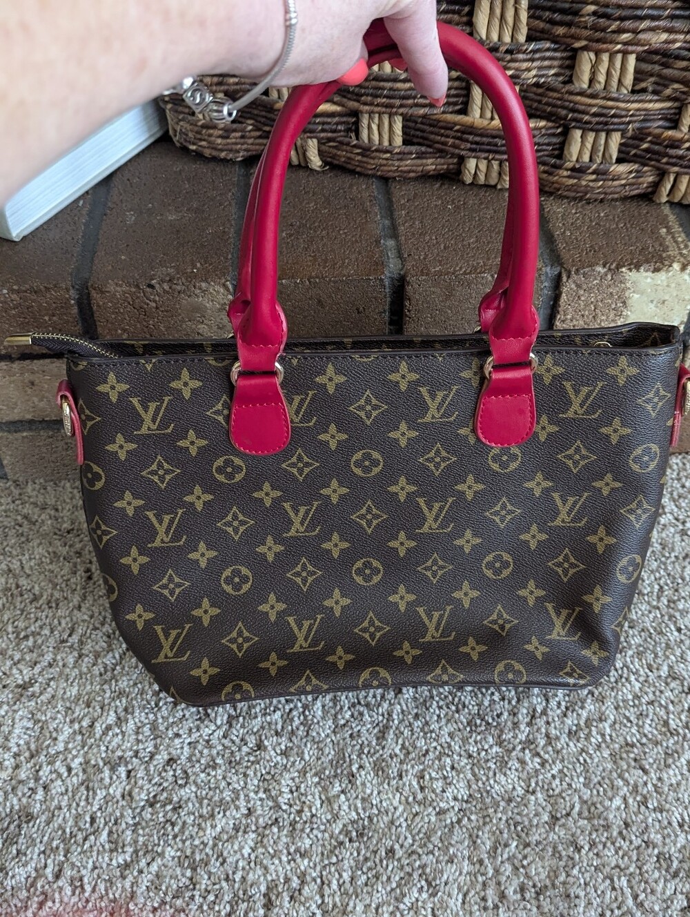 Monogram Brown & Red/Pink Fashion Tote Purse - Picture 3 of 15